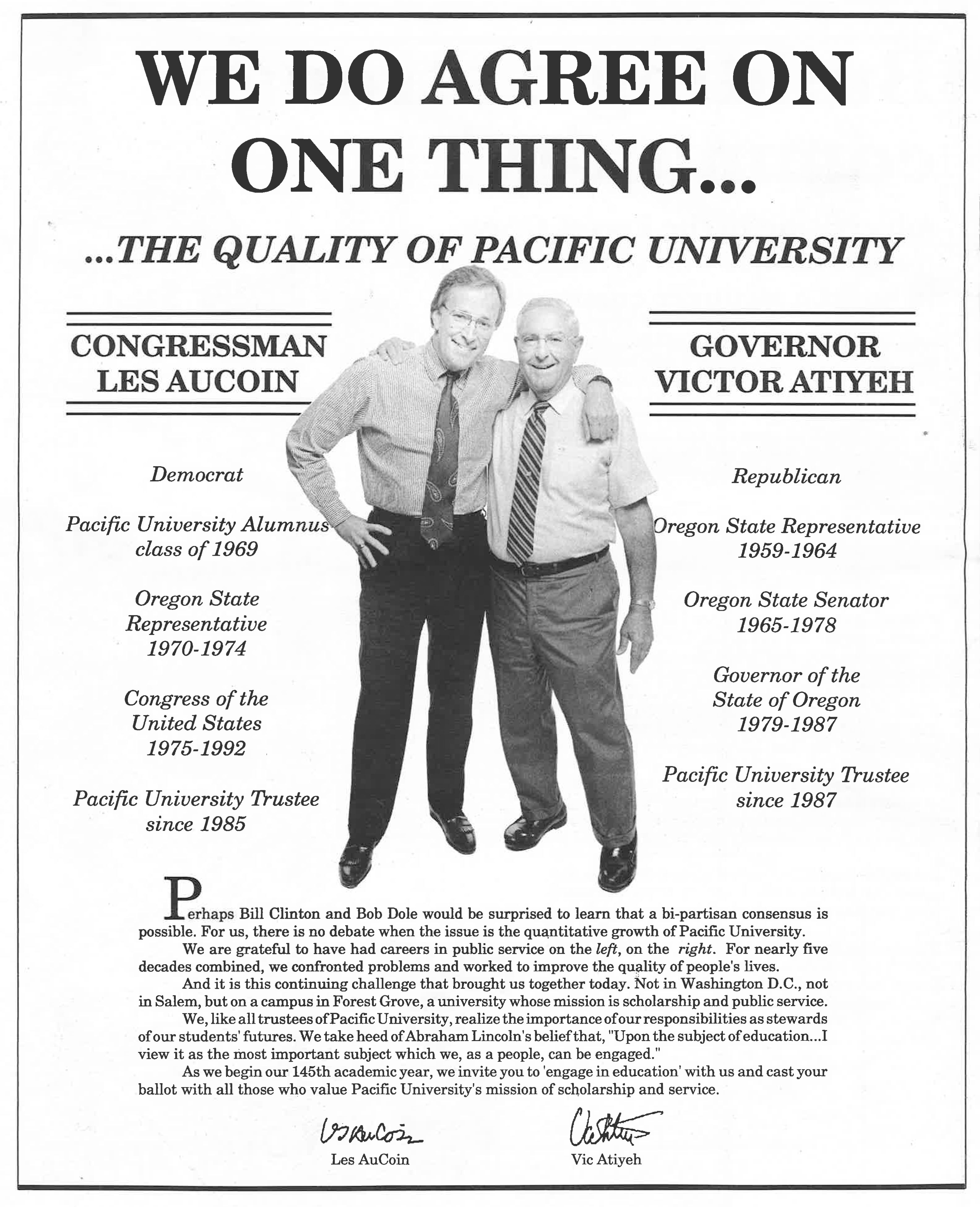 Pacific University Ad From 1990s With Les AuCoin & Vic Atiyeh