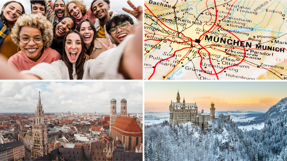 collage with map of Munich, students smiling taking a selfie, castles in Germany