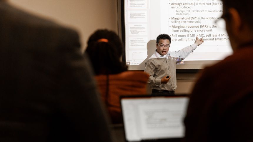 Pacific professor Fan Chen teaches during an MBA class.