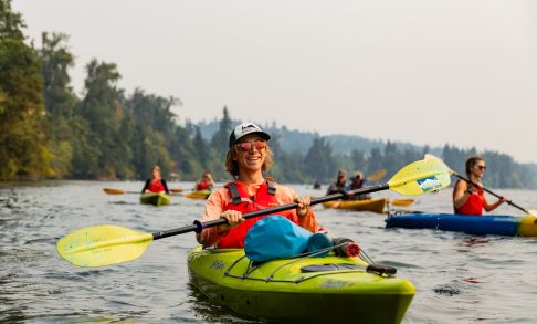 Pacific students Kayak a local river as a part of Pacific's outdoor activities programming.