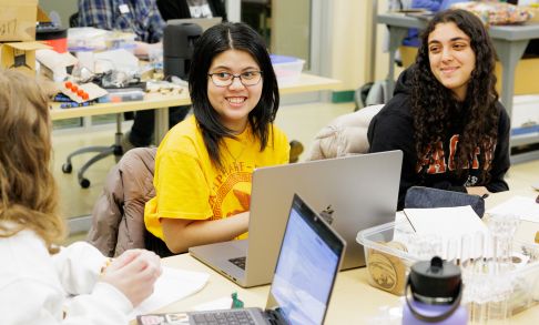 Pacific undergraduate students meet to discuss coursework in the on-campus Boxer Makerspace.