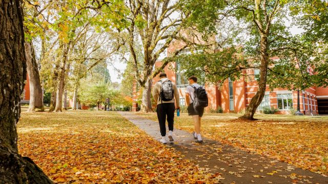 Students walk across campus amid the fall leaves
