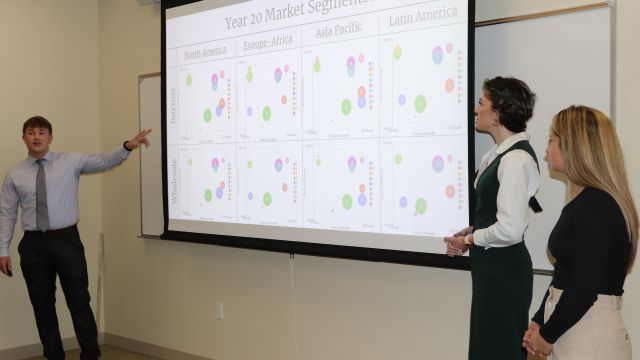 students presenting at screen in classroom
