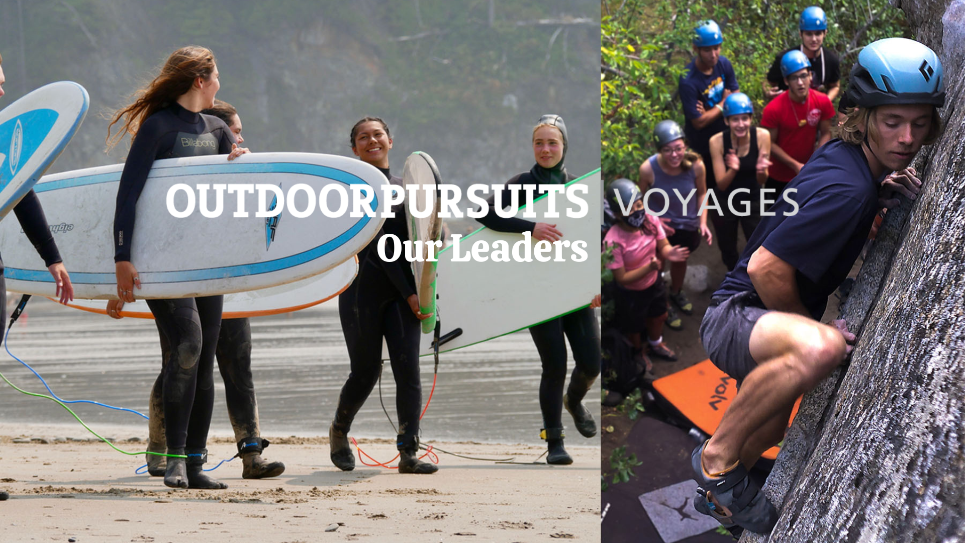 A two image collages of people carrying surfboards on the beach and people rock climbing