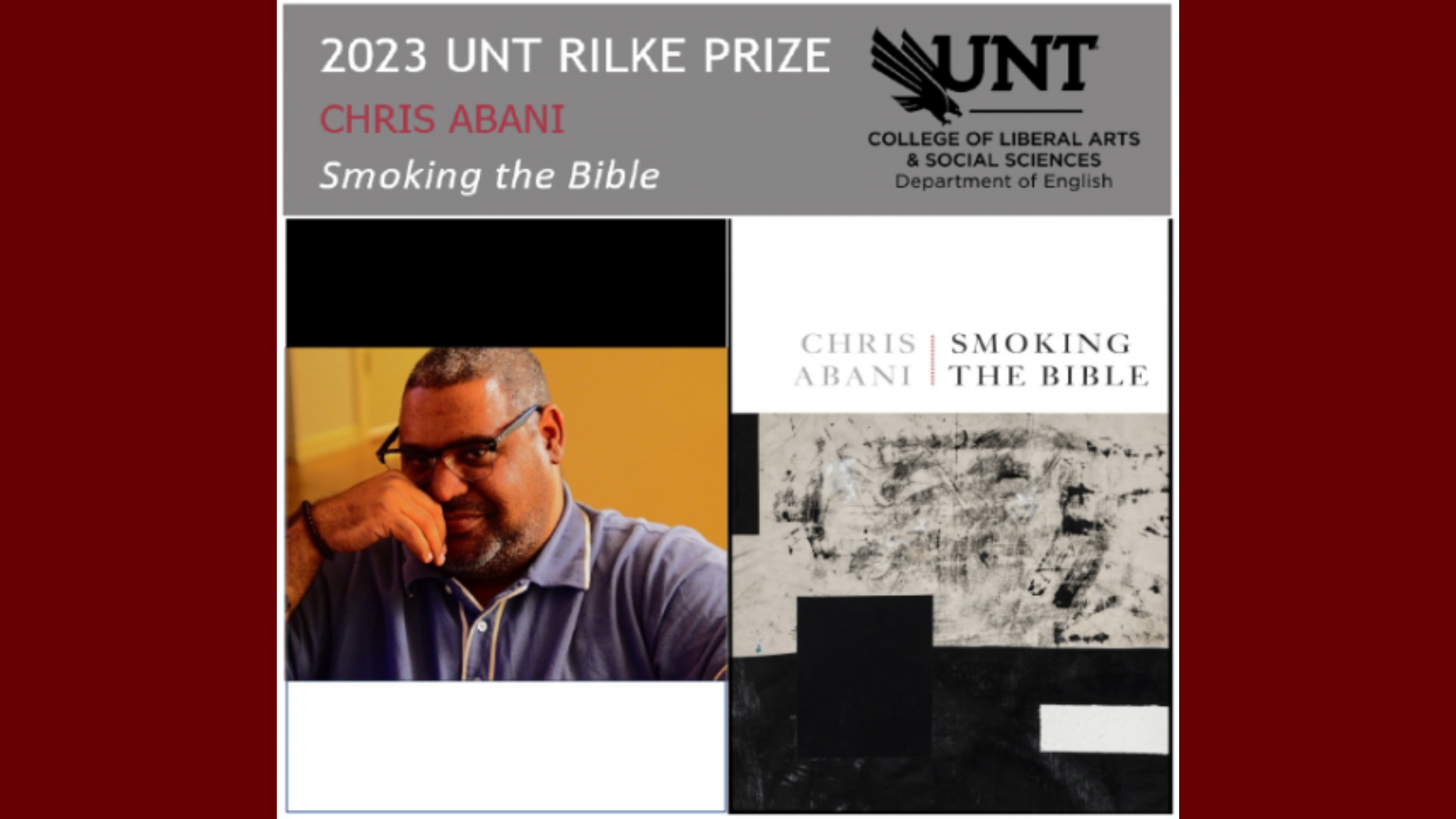 The Pacific 文学硕士 is thrilled to toast faculty writer Chris Abani on the selection of his collection 吸烟圣经 as the 2023年UNT Rilke诗歌奖得主, which recognizes a book written by a mid-career poet that demonstrates exceptional artistry and vision.